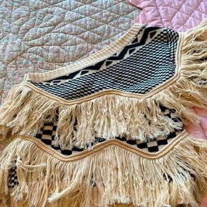 Cream & Black one shoulder sweater with fringe House of Harlow Revolve